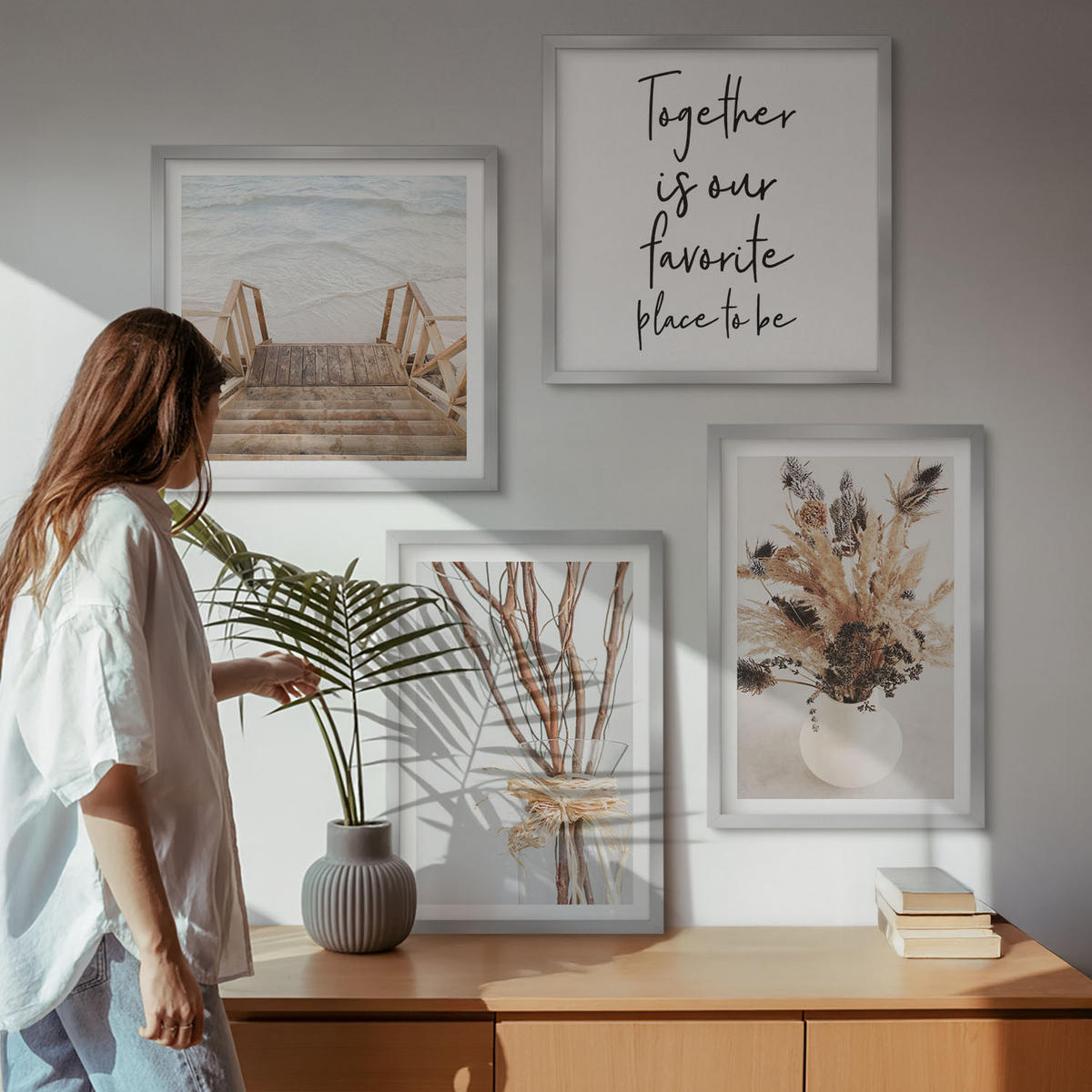 BILDER SET 4er Set - 50x50 cm & 40x60 cm Silberner Rahmen - Blumenzweige Minimalismus Natur - Silberfarben, Kunststoff (50/50cm) - TULUP