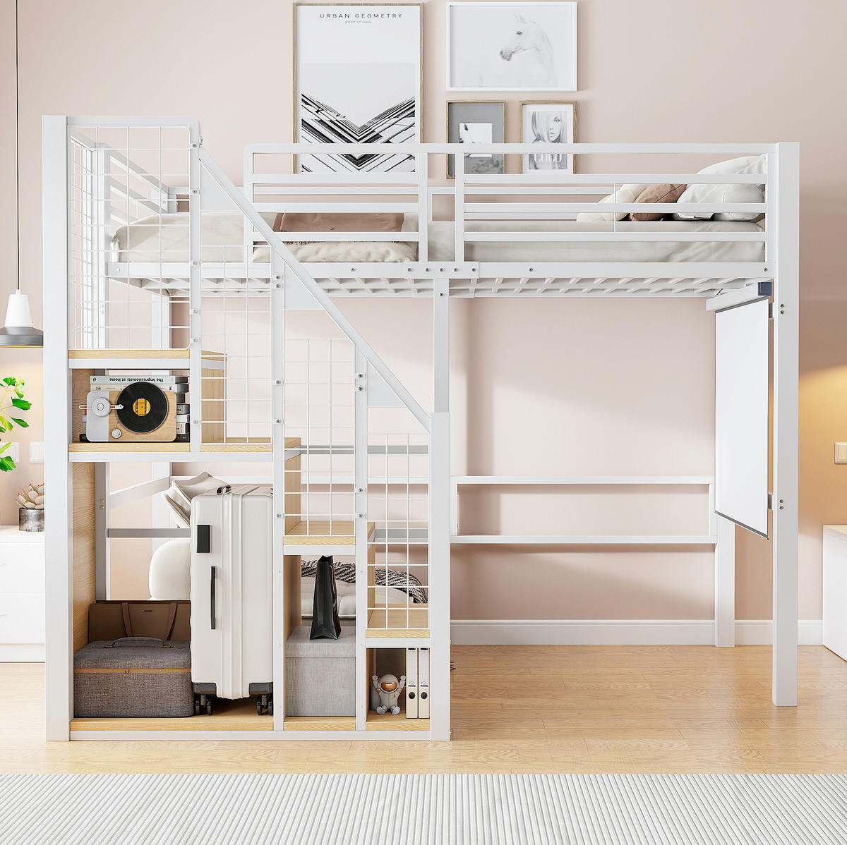 HOCHBETT 90/200 cm Weiß aus Metall und MDF mit Stauraum - Weiß, Metall (90/200cm) - OKMYHOME