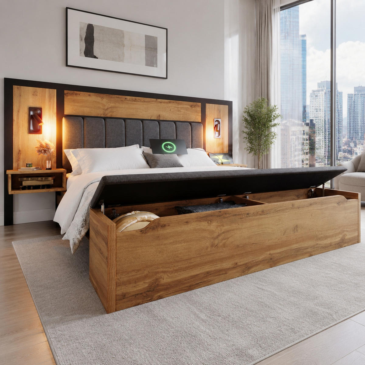 POLSTERBETT 160/200 mit Leselampe, USB-C und Bettbank mit Stauraum in Eiche - Eichefarben/Grau, Holzwerkstoff/Textil (160/200cm) - EVRYAE