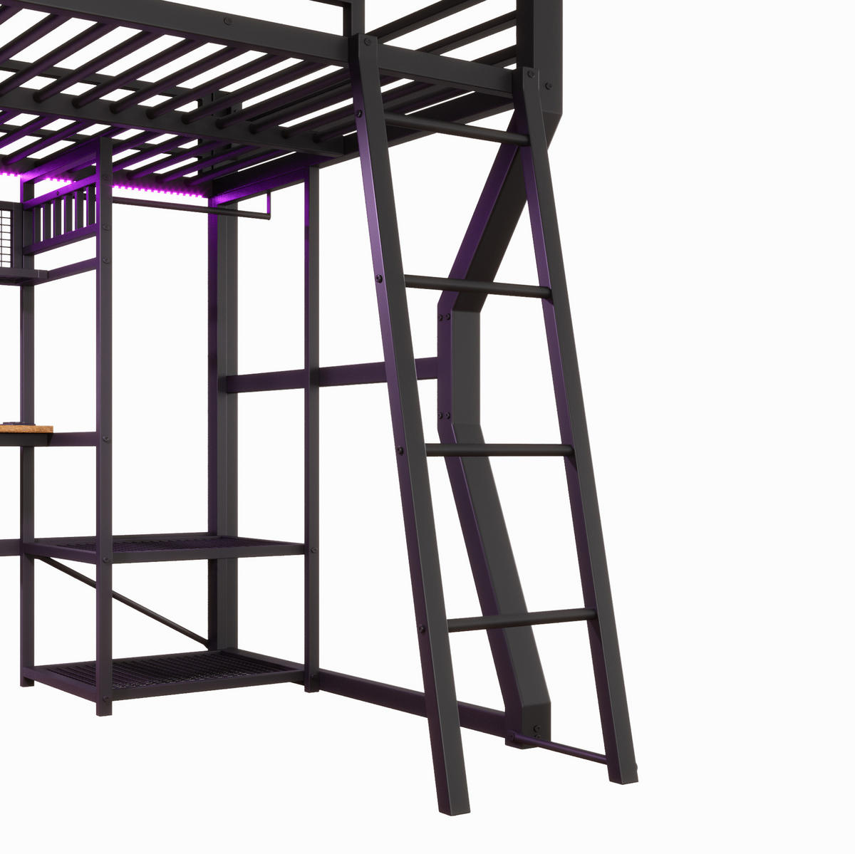HOCHBETT 140/200 cm aus Metall mit Schreibtisch, Lichtleiste, Schwarz - Schwarz, Holzwerkstoff (140/200cm) - OKMYHOME