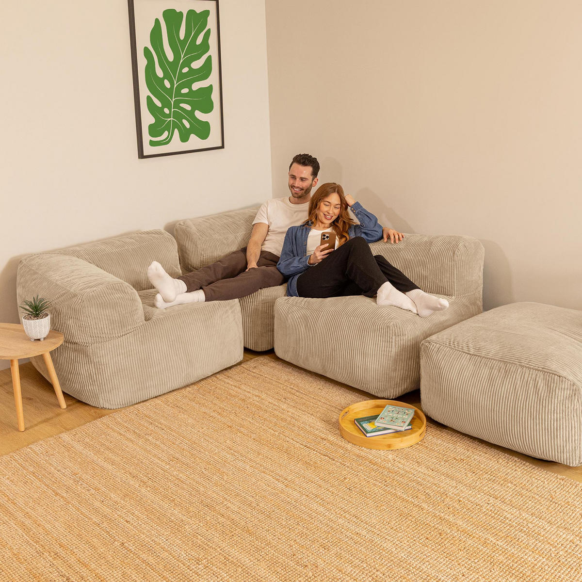 SITZSACK-SOFA 4-tlg. ZEN: 2 Ecksessel, Sessel, Fußstütze - Beige, Textil (390/68/100cm) - icon