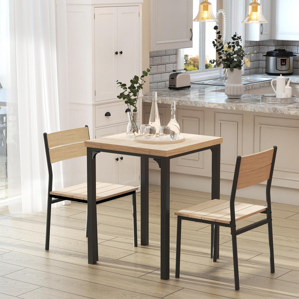 3-TEILIGE Essgruppe Küchentisch mit Metallgestell Esszimmergruppe Sitzgruppe - Schwarz/Naturfarben, Holzwerkstoff/Metall (60/76/60cm) - HOMCOM