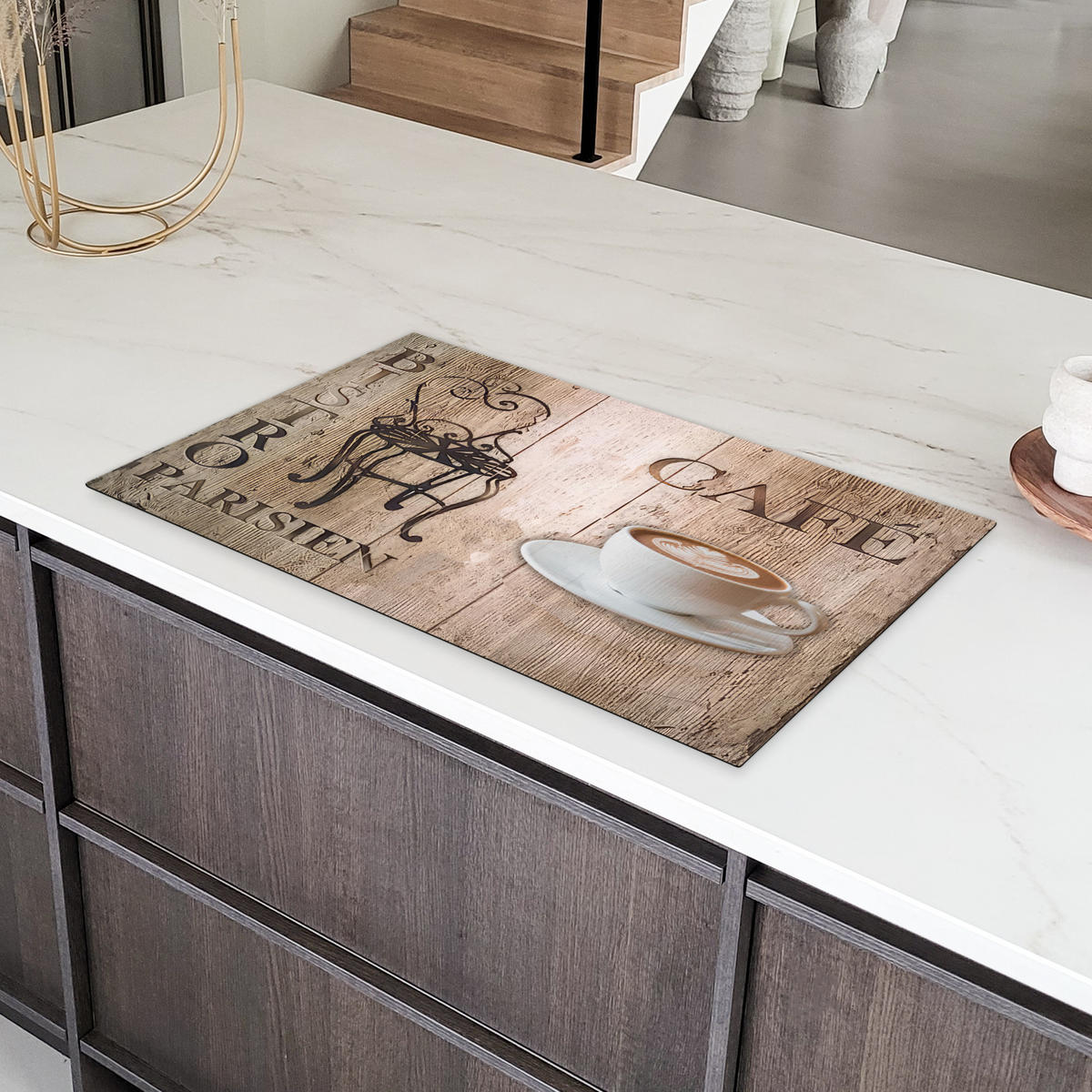 HERDABDECKPLATTE Bistro Parisien - Café - Kaffee - Jahrgang Ceranfeldabdeckung 90x52 cm - Cappuccino, Kunststoff (90/52/0.2cm) - MuchoWow