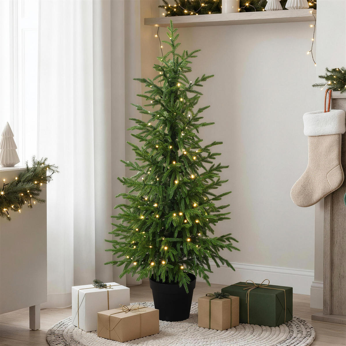 KÜNSTLICHER Weihnachtsbaum im Topf, 123 cm, 100 warmweiße LEDs - Grün, Kunststoff (52/123cm) - Hometopia