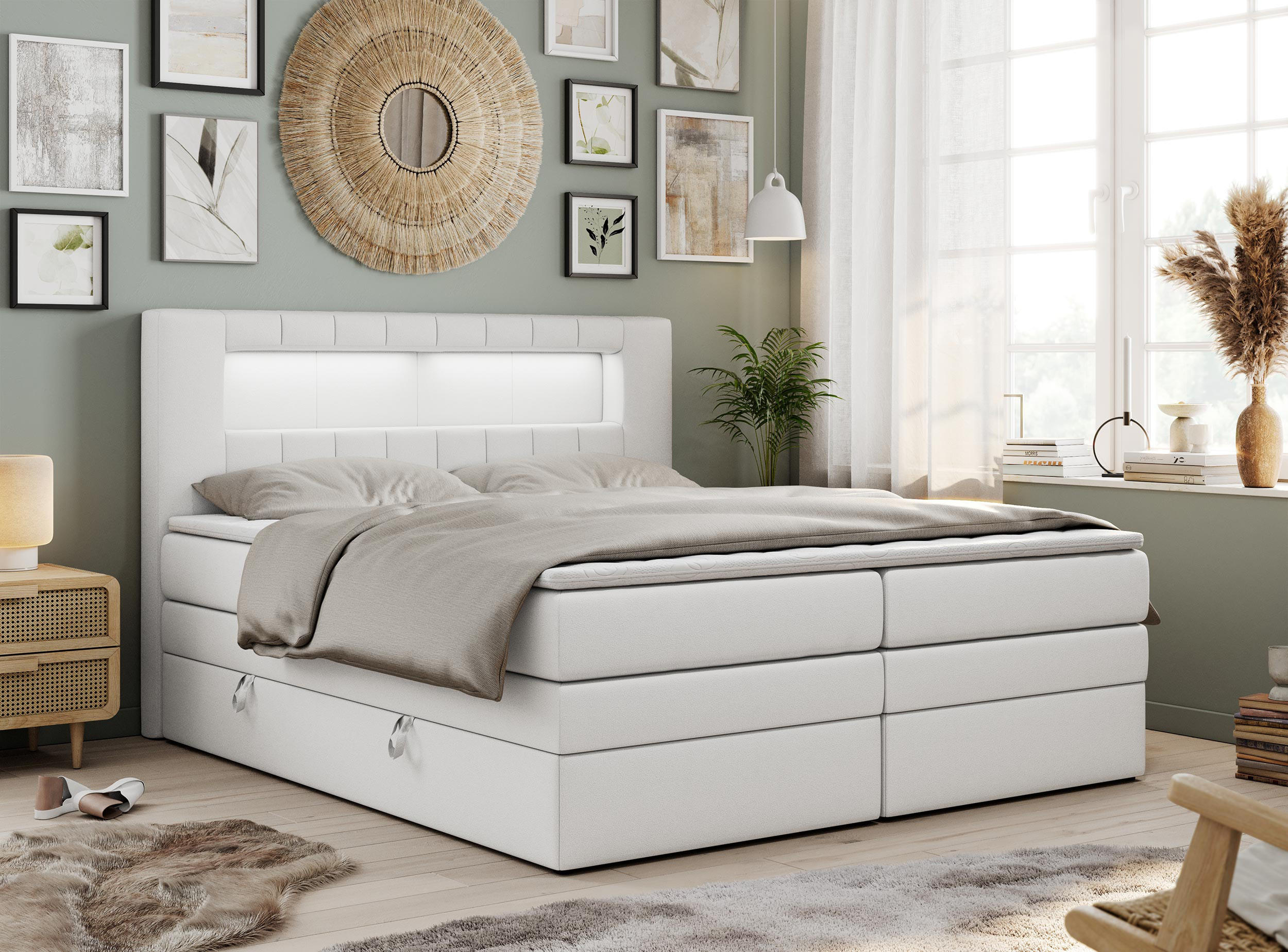 BOXSPRINGBETT GOLD-5 KING LED 120/200 Weiß Kunstleder - H3 - Weiß, Holz/Textil (120/200cm) - MKS