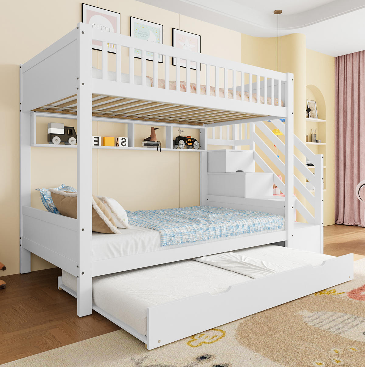 ETAGENBETT 90/200 cm in Weiß mit Ausziehbett, Kleiderschrank und Stauraum - Weiß, Holz (90/200cm) - BEAOK