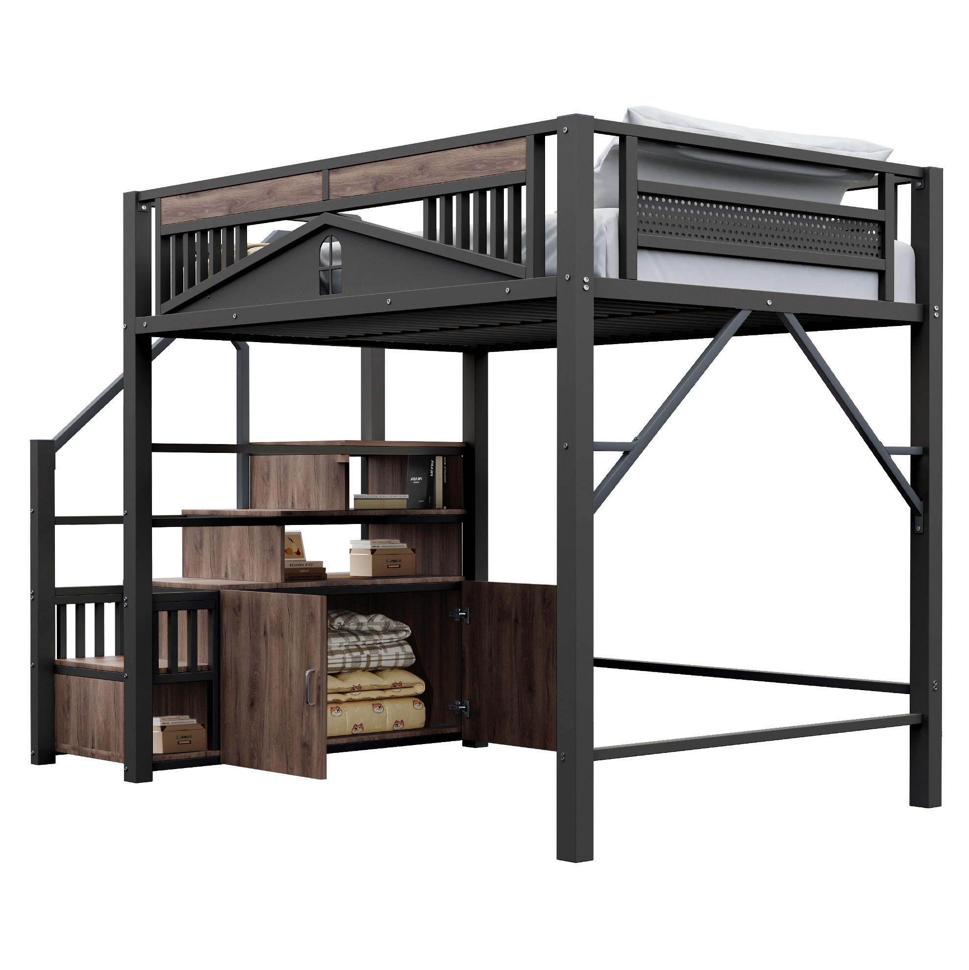 HOCHBETT 140/200 cm aus Metall und Holz mit Stauraumtreppe und Sicherheitszaun Schwarz - Schwarz, Metall (140/200cm) - Modenvie