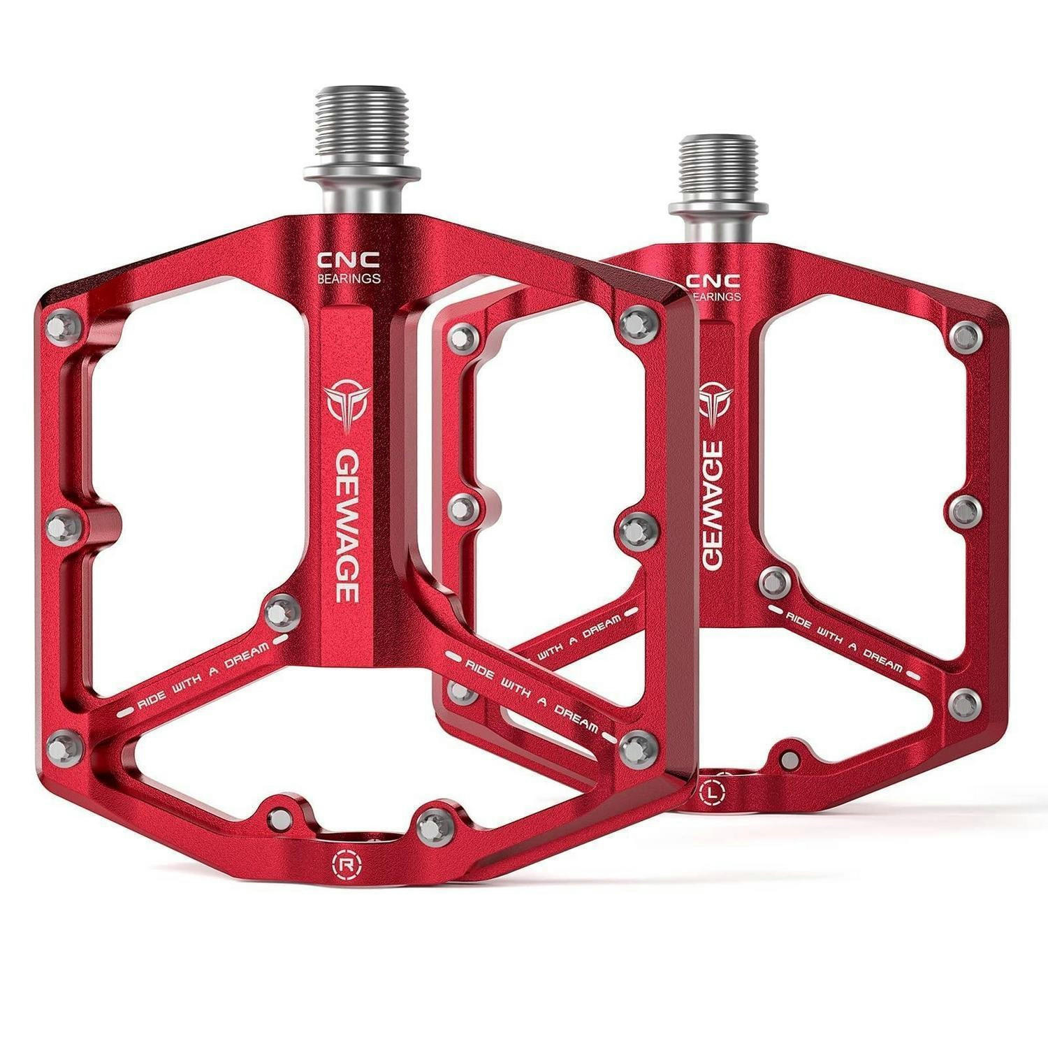 FAHRRADPEDALE Rennrad/Mountainbike CNC-gefräst Rot 9/16 Zoll 3 Lager mit Anti-Rutsch-Nägeln - Rot, Metall (10/1.5/10.4cm)