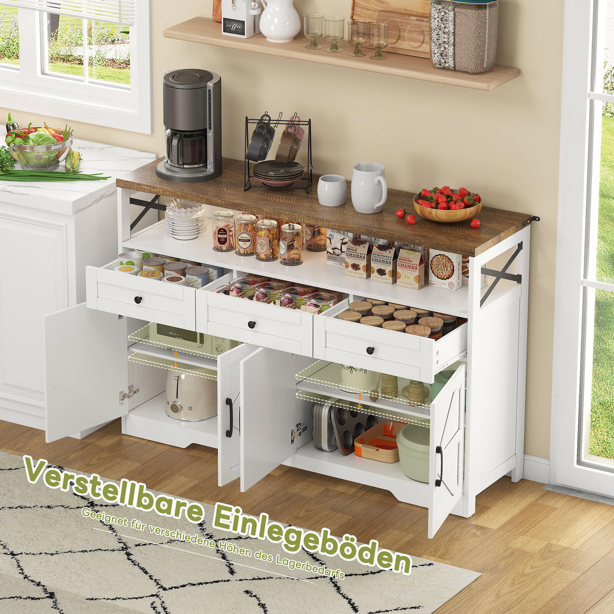 SIDEBOARD 140/35/95 cm Braun + Weiß mit 3 Schubladen, Türen und Einlegeböden - Weiß, Holz (140/95/35cm) - Oxeza