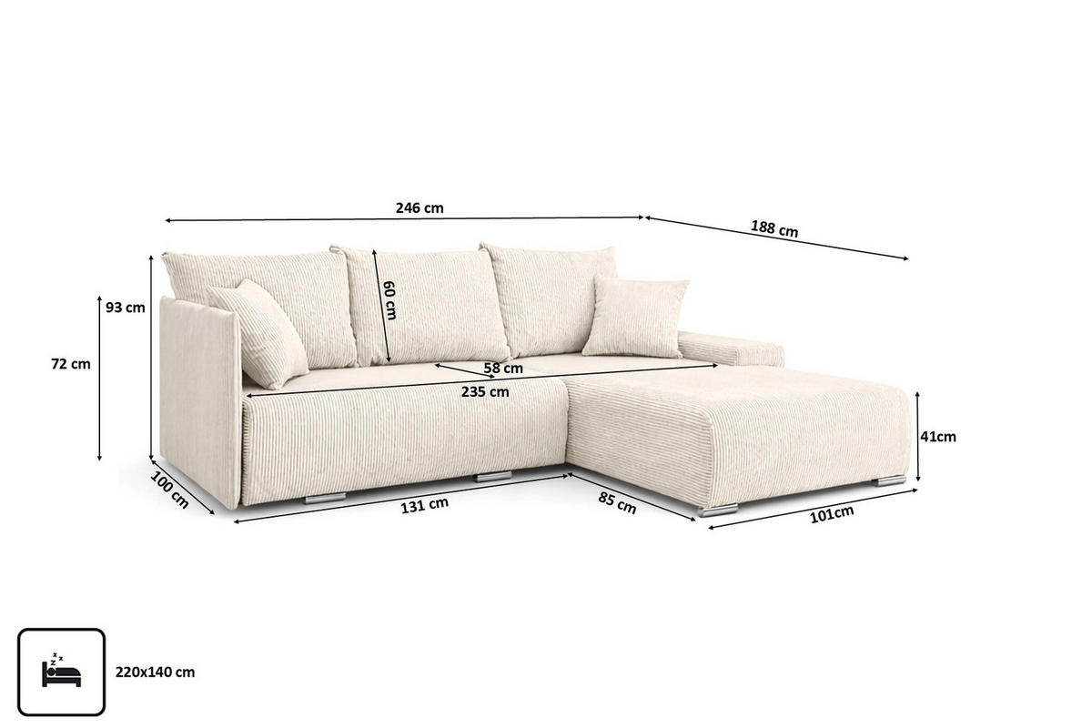 ECKSOFA L-Form Schlaffunktion Livorno Cord-Stoff Ecru Rechts - Chromfarben/Ecru, Holz/Kunststoff (246/188cm) - Kaiser Möbel