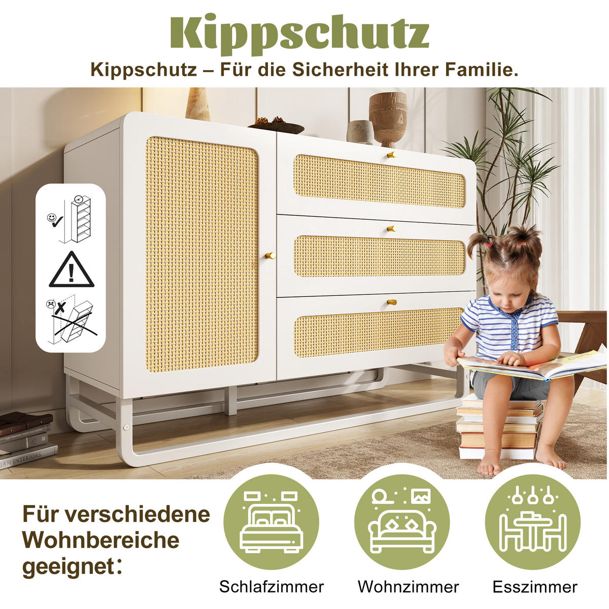KOMMODE 120 cm in Weiß & Rattan-Optik Sideboard mit 3 Schubladen - Weiß, Holzwerkstoff/Metall (120/85/40cm) - Urban Meuble