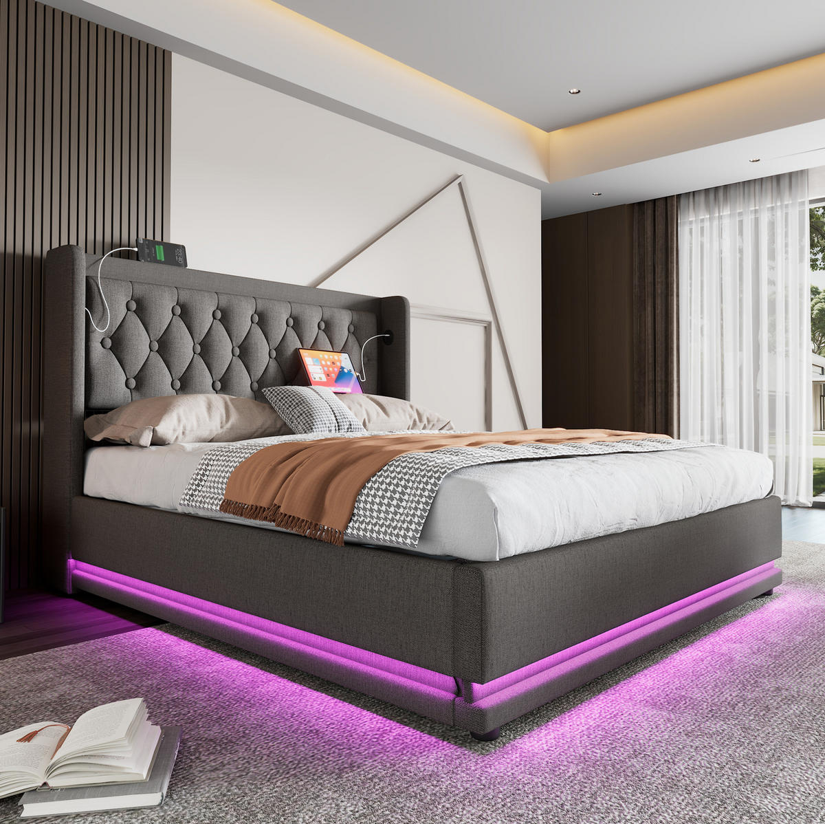 POLSTERBETT mit Stauraum, LED und USB 140x200 cm Baumwolle Grau inkl. Matratze - Grau, Metall (140/200cm) - Meubliv