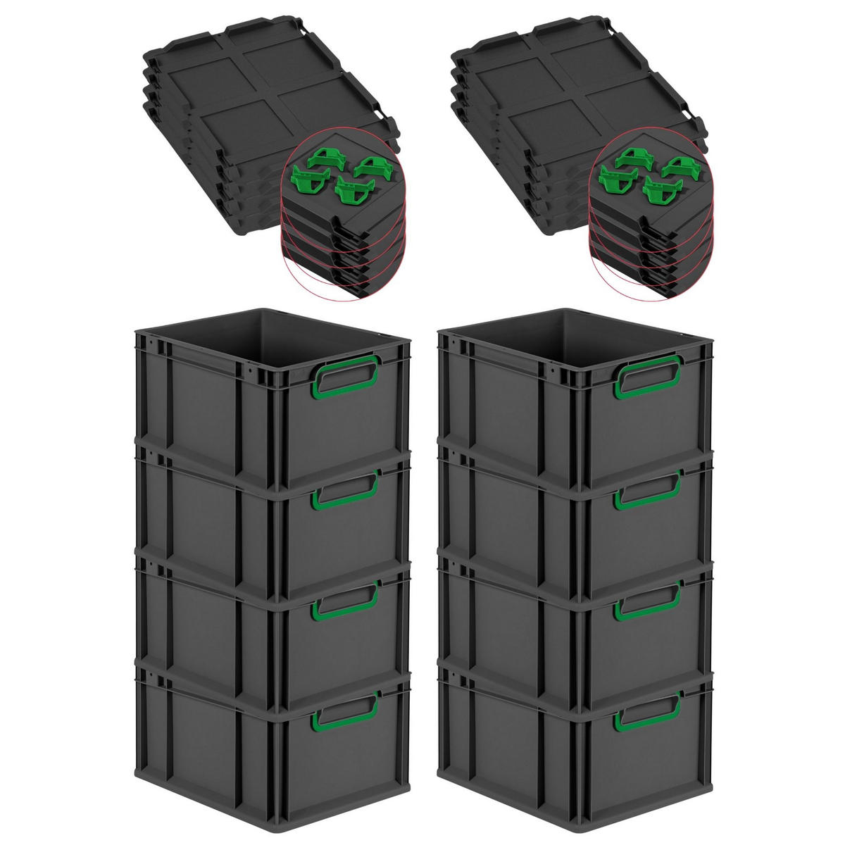 EUROBOX 8x NextGen Color mit Auflagedeckel 22x30x40 cm 20 Liter Schwarz Griffe grün zu - Schwarz/Grün, Kunststoff (30/22/40cm) - PROREGAL