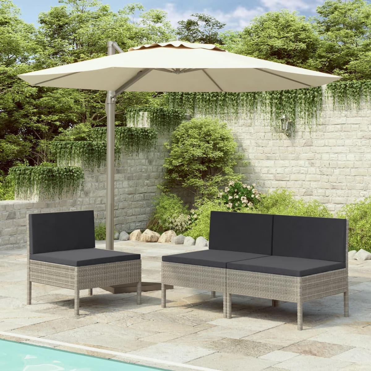 GARTENSTÜHLE 3 Stk. mit Auflagen Poly Rattan Grau - Grau, Kunststoff (57/69/57cm) - furnicato