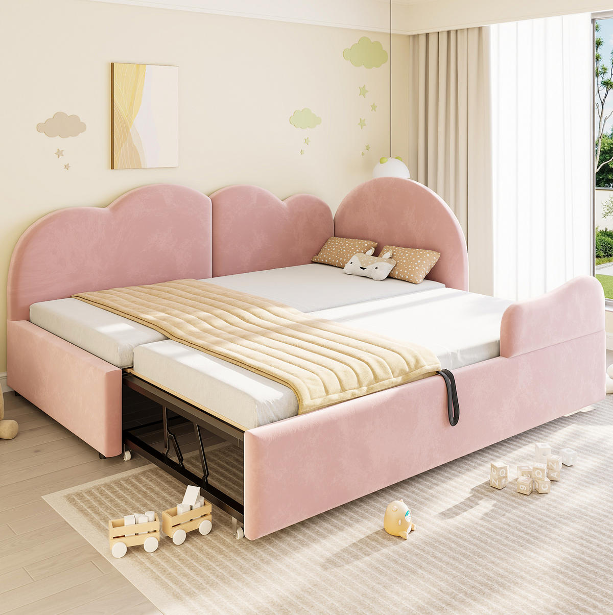 POLSTERBETT Ausziehbares Schlafsofa Samt 90x200 cm Pink ausziehbar L-Form mit wolkenförmigem Kopfteil - Pink, Textil (90/200cm) - Modfu