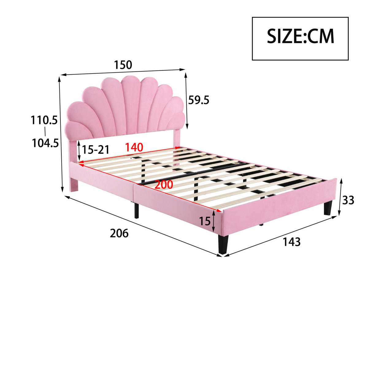 SAMT-POLSTERBETT 140/200 cm in Rosa mit blütenförmigem Kopfteil & Lattenrost - Rosa, Textil (140/200cm) - BEAOK