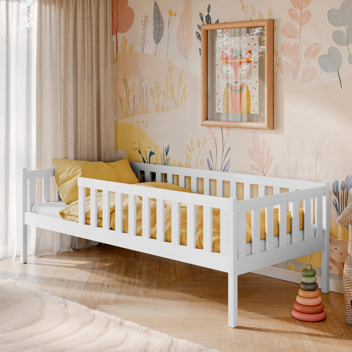 DETSKÁ POSTEĽ s bezpečnostnou zábranou proti pádu a roštom 80x180 v bielej farbe - biela, drevo - Kids Collective