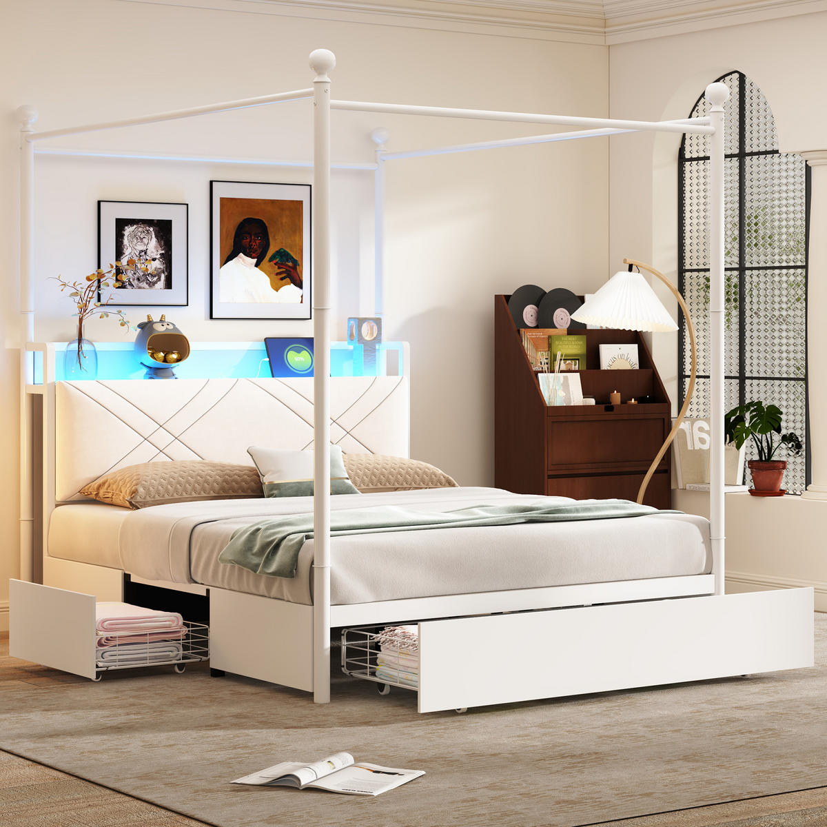 POLSTERBETT 90/190 cm Weiß mit LED-Beleuchtung, 2 Schubladen und USB-/Typ-C - Weiß, Holz (90/190cm) - Oxeza