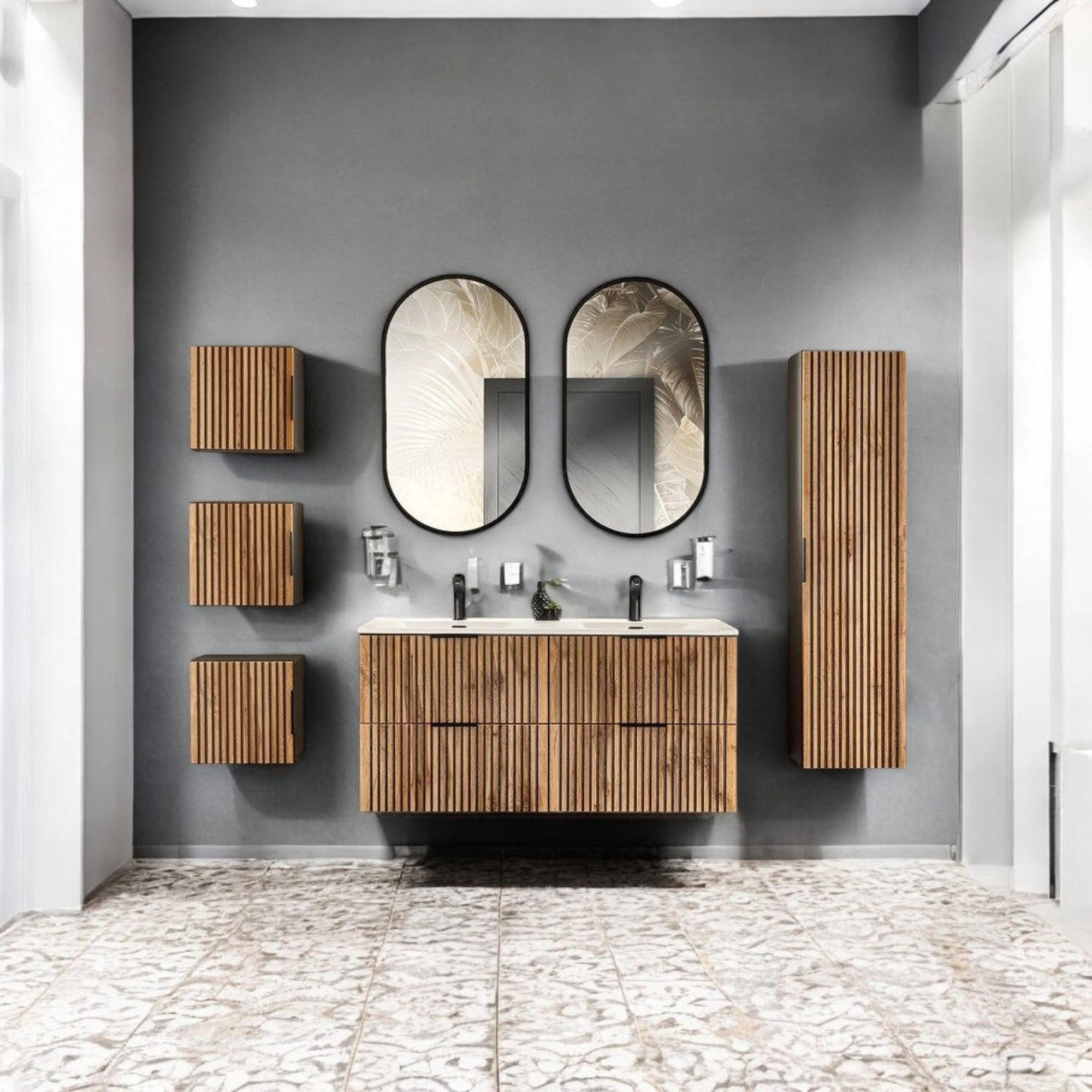 BADMÖBEL-SET Xilo X - 11 Teile in Wotan Oak/Grau Rock - Eiche Wotan/Schwarz, Holz/Metall (120/140/46cm)