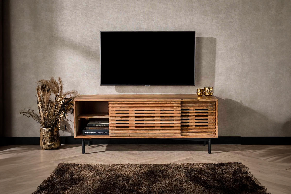 TV-BOARD RIONI Braun Akazie - Schwarz/Braun, Holz/Metall (135/53/40cm) - KAWOLA