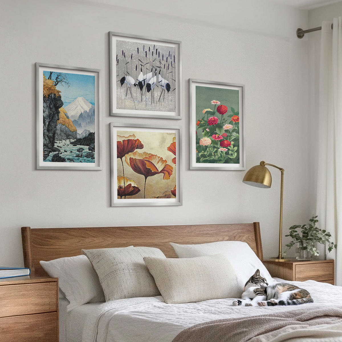 WANDBILDER 4er Set - 50x50 cm & 40x60 cm Silberner Rahmen - Berge, Wasserfälle, Vögel, Blumen - Silberfarben, Kunststoff (50/50cm) - ArtPrintCave