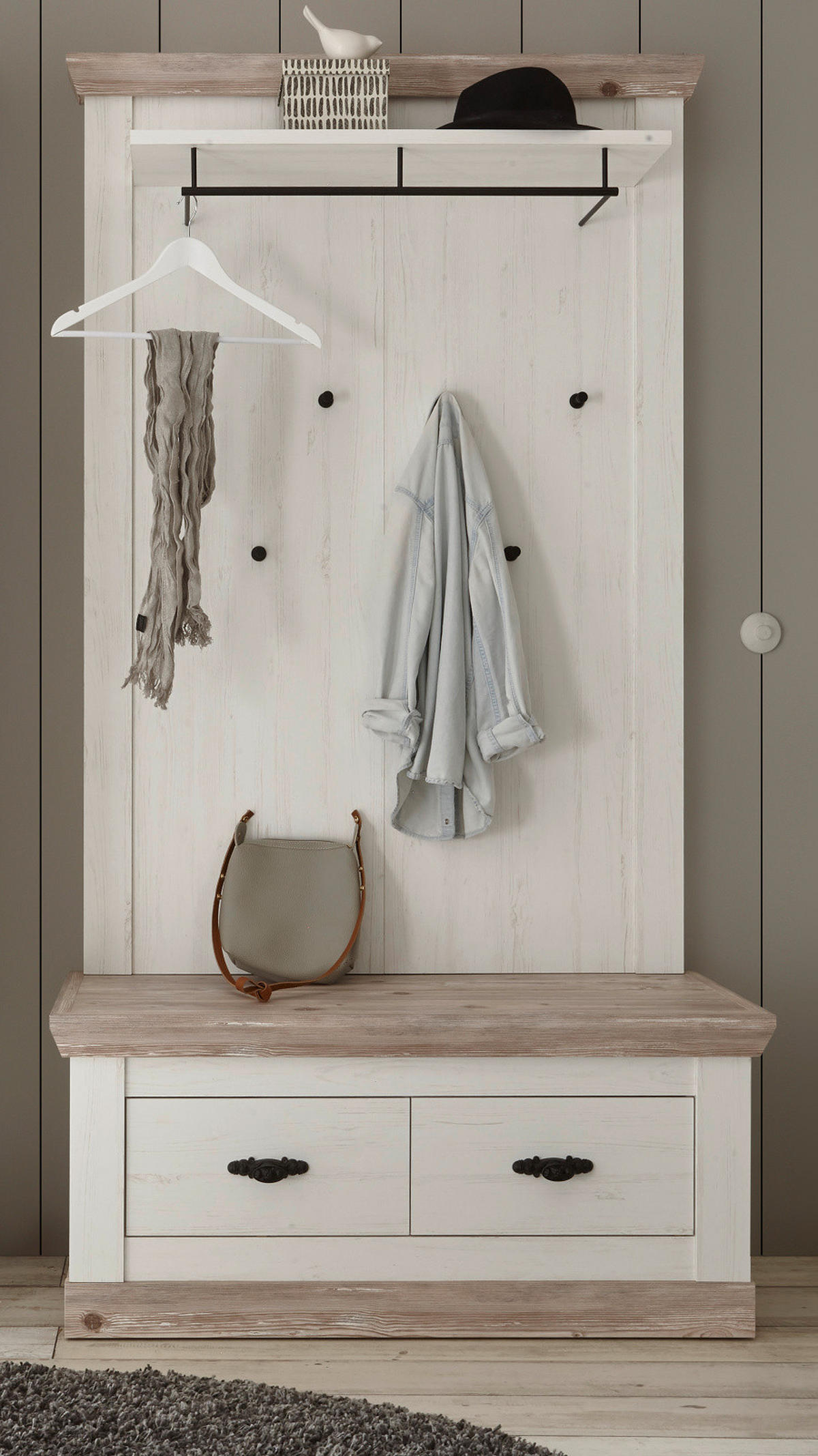 GARDEROBENPANEEL Pinie weiß, Oslo Pinie Landhaus, Wandgarderobe, 107 x 153 cm - Schwarz/Weiß, Holzwerkstoff/Metall (107/153/27cm) - Furn.Design