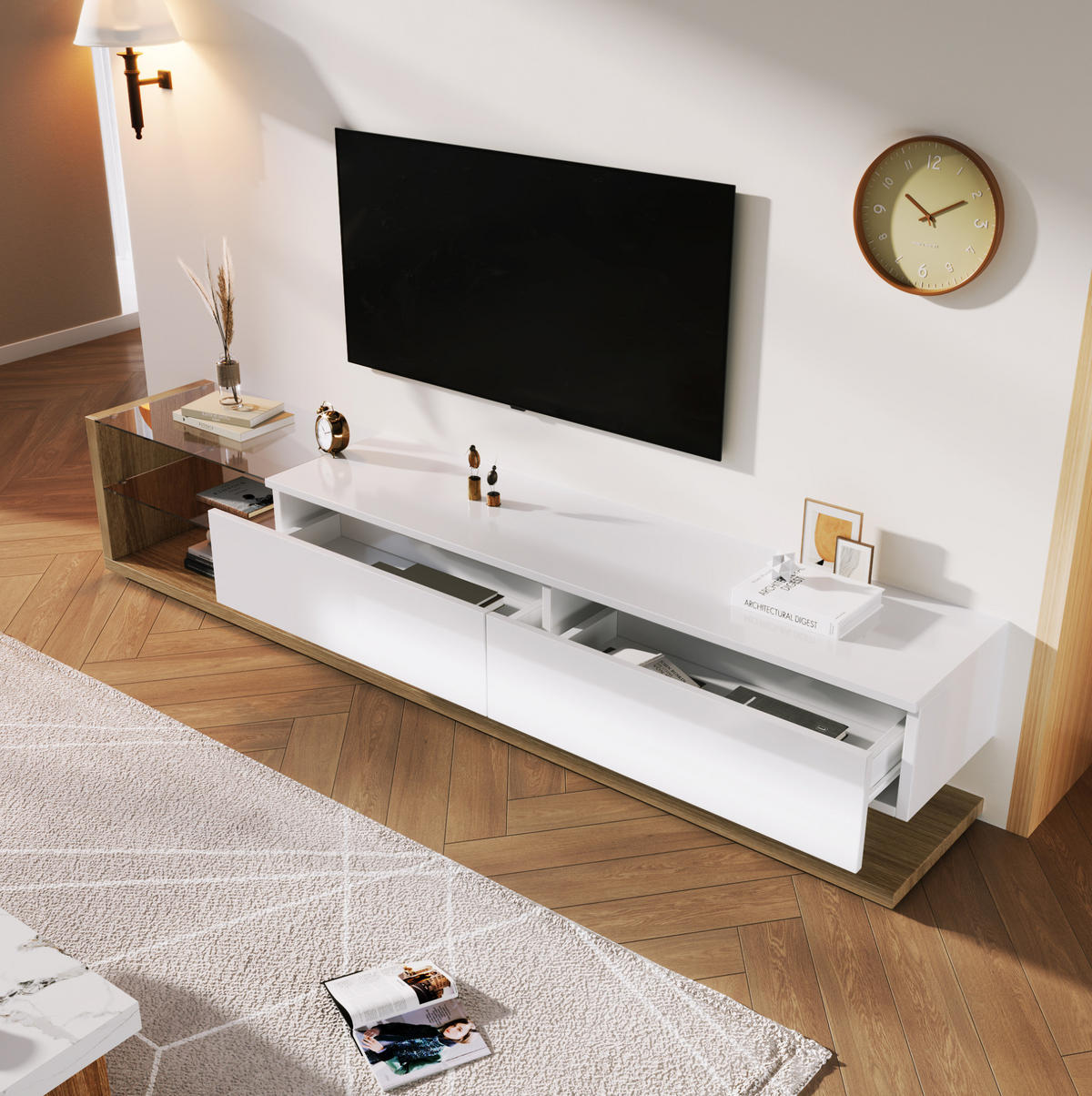 TV-SCHRANK in Weiß Hochglanz mit LED, Schubladen und Glasböden 170/38/36 cm - Weiß, Holzwerkstoff (170/38/36cm) - Redom