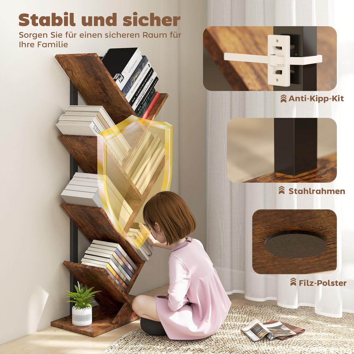 BÜCHERREGAL Standregal mit 7 Ebenen Schmal Regal im Baumform Rustikal Braun - Rostfarben/Schwarz, Holzwerkstoff/Metall (24/109/50cm) - HOMCOM