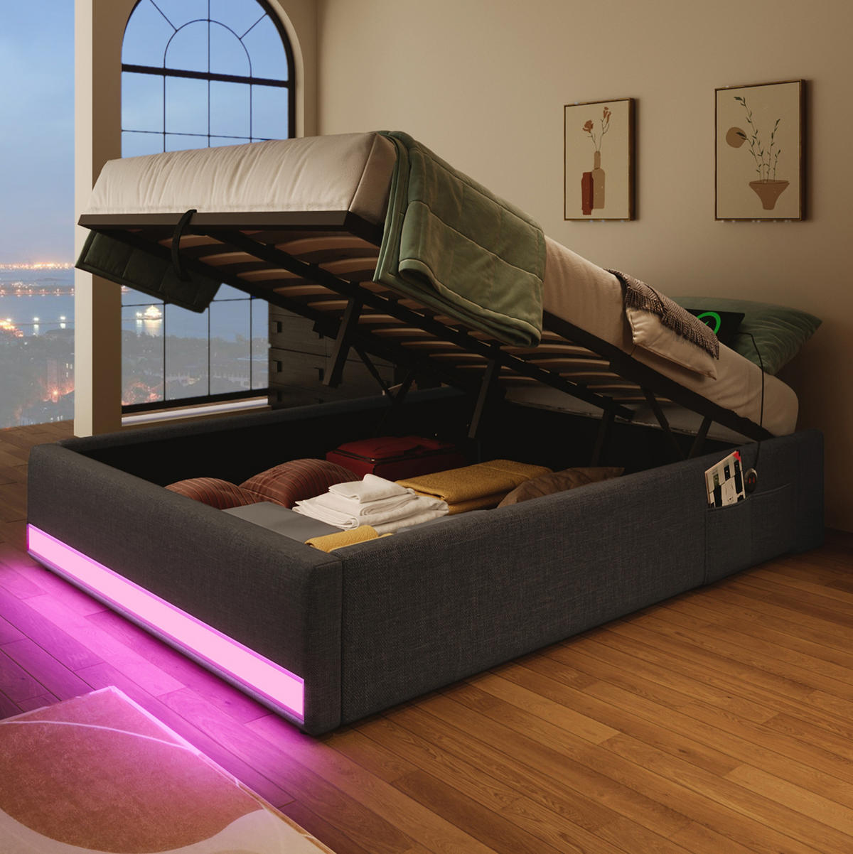 TAPECIRANI krevet 90/200 cm s LED osvjetljenjem, USB i Type-C priključkom te hidrauličnim spremištem, Siva - siva, tekstil (90/200cm) - Redom