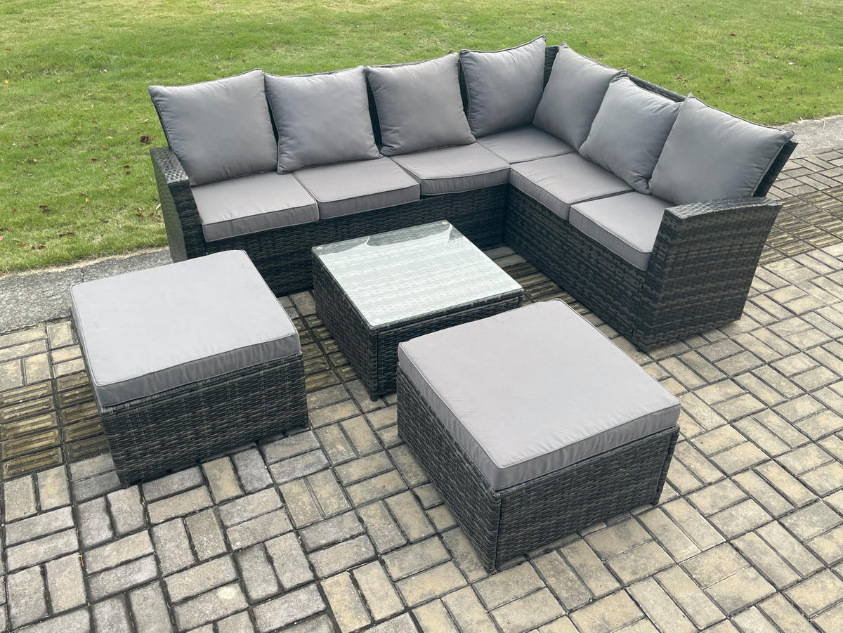 LOUNGEGARNITUR mit Couchtisch Sofa Polyrattan Dunkelgrau 8-Sitzer - Dunkelgrau/Grau, Glas/Kunststoff - Fimous