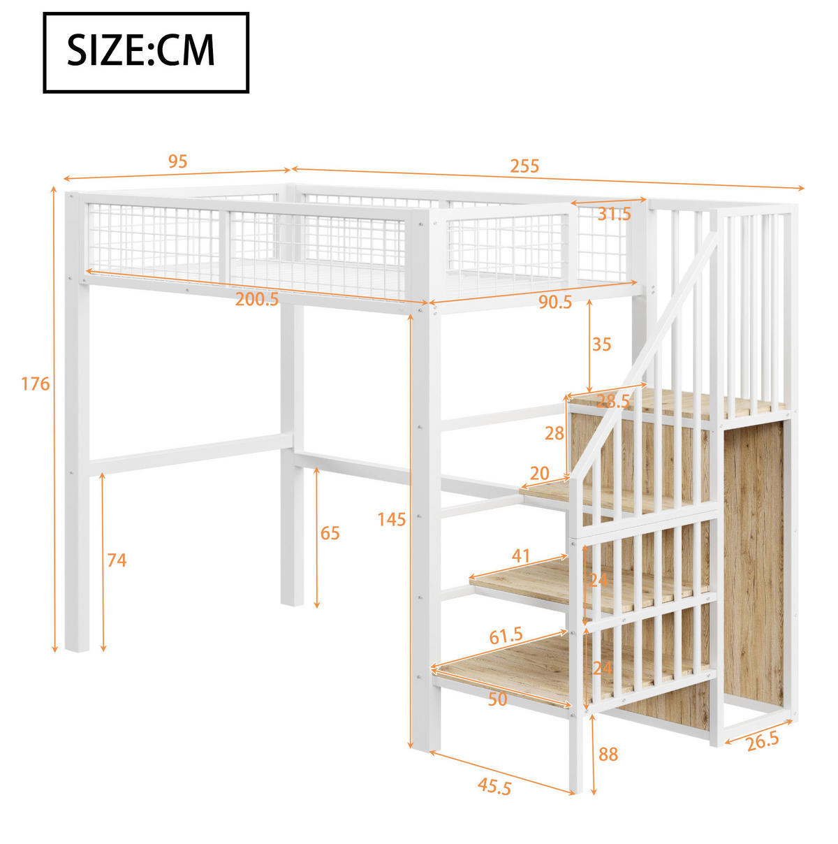 VISOKA postelja 90/200 cm bela z omaro in lestvijo iz kovine - bela, kovina (90/200cm) - OKWISH