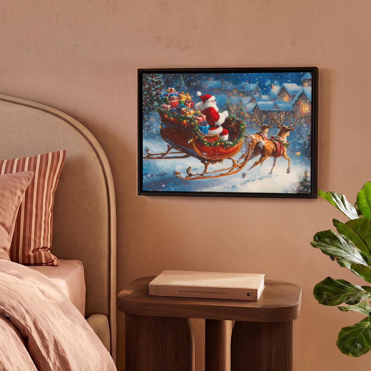 LEINWAND Bilder mit Rahmen - Weihnachtsmann - Rentier - Weihnachten - Schnee - 40x30 - Cognac, Textil (40/30cm) - MuchoWow