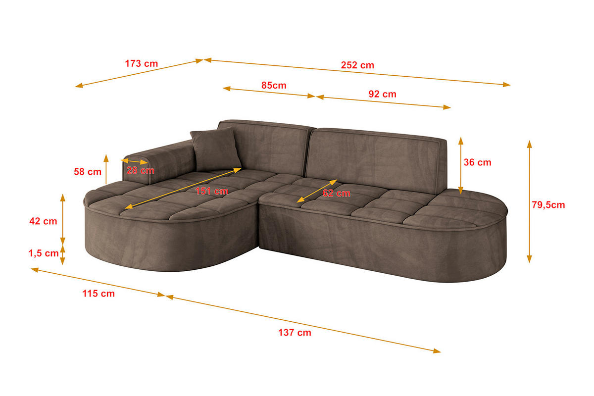 ECKSOFA Ottomane Links LIVO-L1 - 252x173x79,5 cm Braun - Braun, Holzwerkstoff/Textil (252/173cm) - ALTDECOR