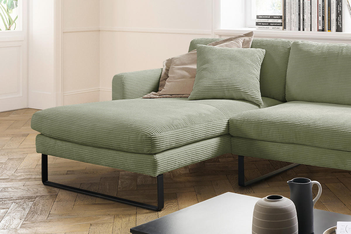 ECKSOFA RICARDA Dunkelgrün Cord - Dunkelgrün/Schwarz, Textil/Metall (298/154cm) - KAWOLA
