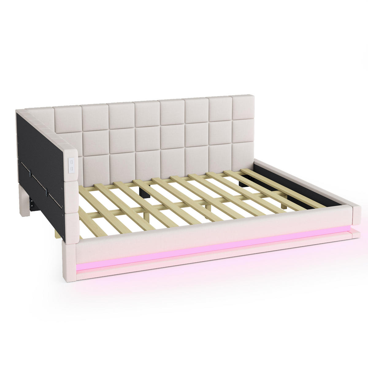 ČALÚNENÁ posteľ z ľanu 140x200 cm béžová s LED osvetlením, USB portom a lamelovým roštom - béžová, koža (140/200cm) - Modfu
