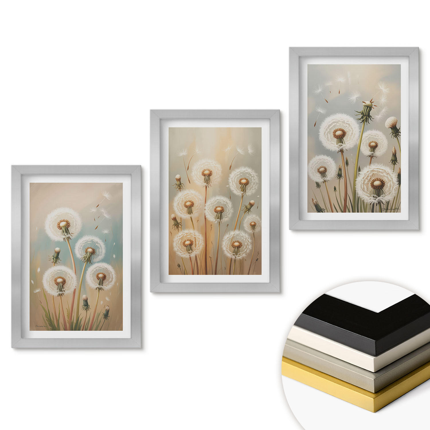 WANDBILDER 3er Set - 20x30 cm Silberner Rahmen - Pastellfarbene Löwenzahnblüten - Silberfarben, Kunststoff (20/30cm) - ArtPrintCave