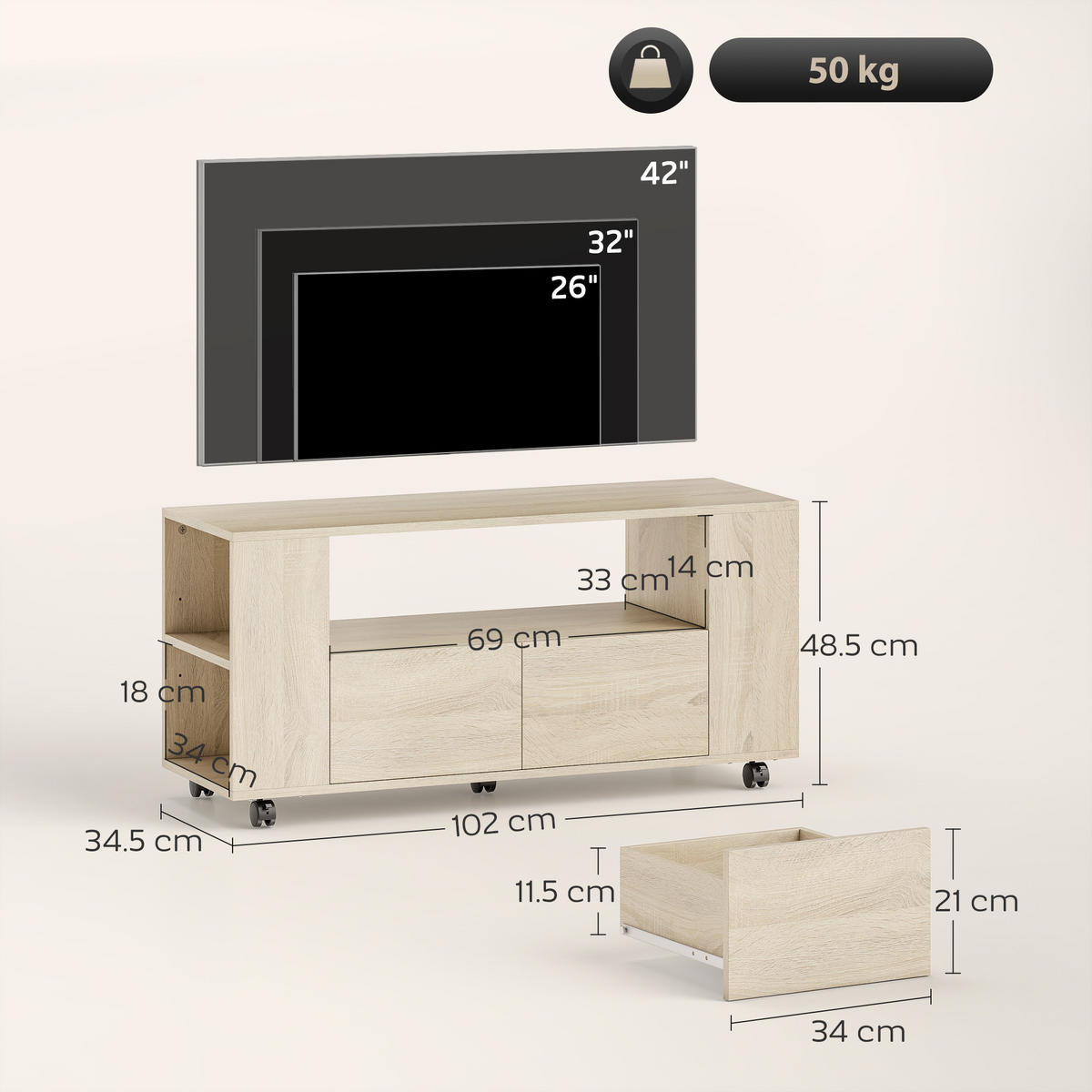 TV-MÖBEL Eukalyptusholzfarben 1 Stück - Eukalyptusholzfarben, Holzwerkstoff (102/48.5/34.5cm) - GiPP