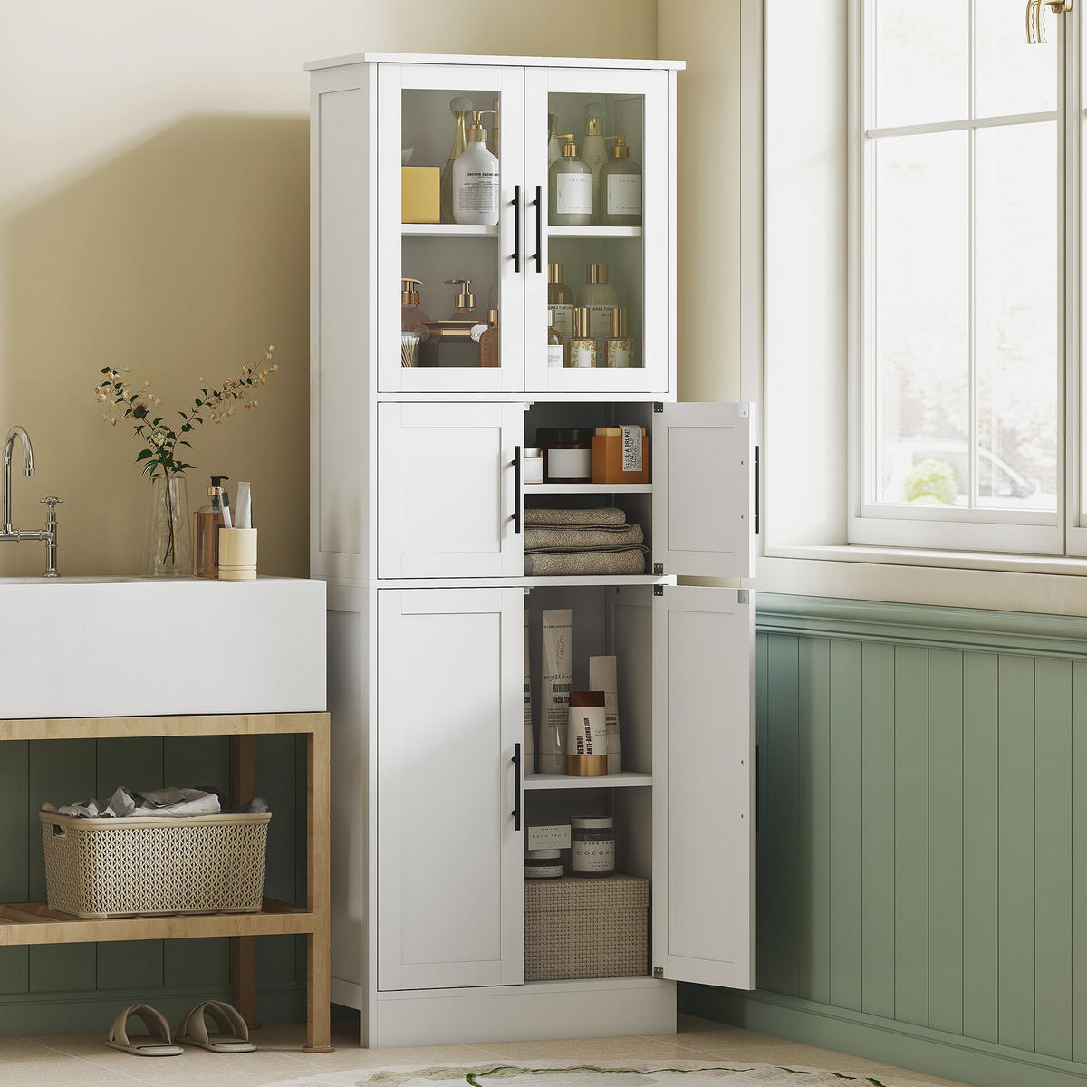 HOCHSCHRANK DE-12536 6 Türen, 2 Glasfronten, verstellbare Böden, Weiß - Weiß, Holzwerkstoff (30/170/60cm) - ComfortXL