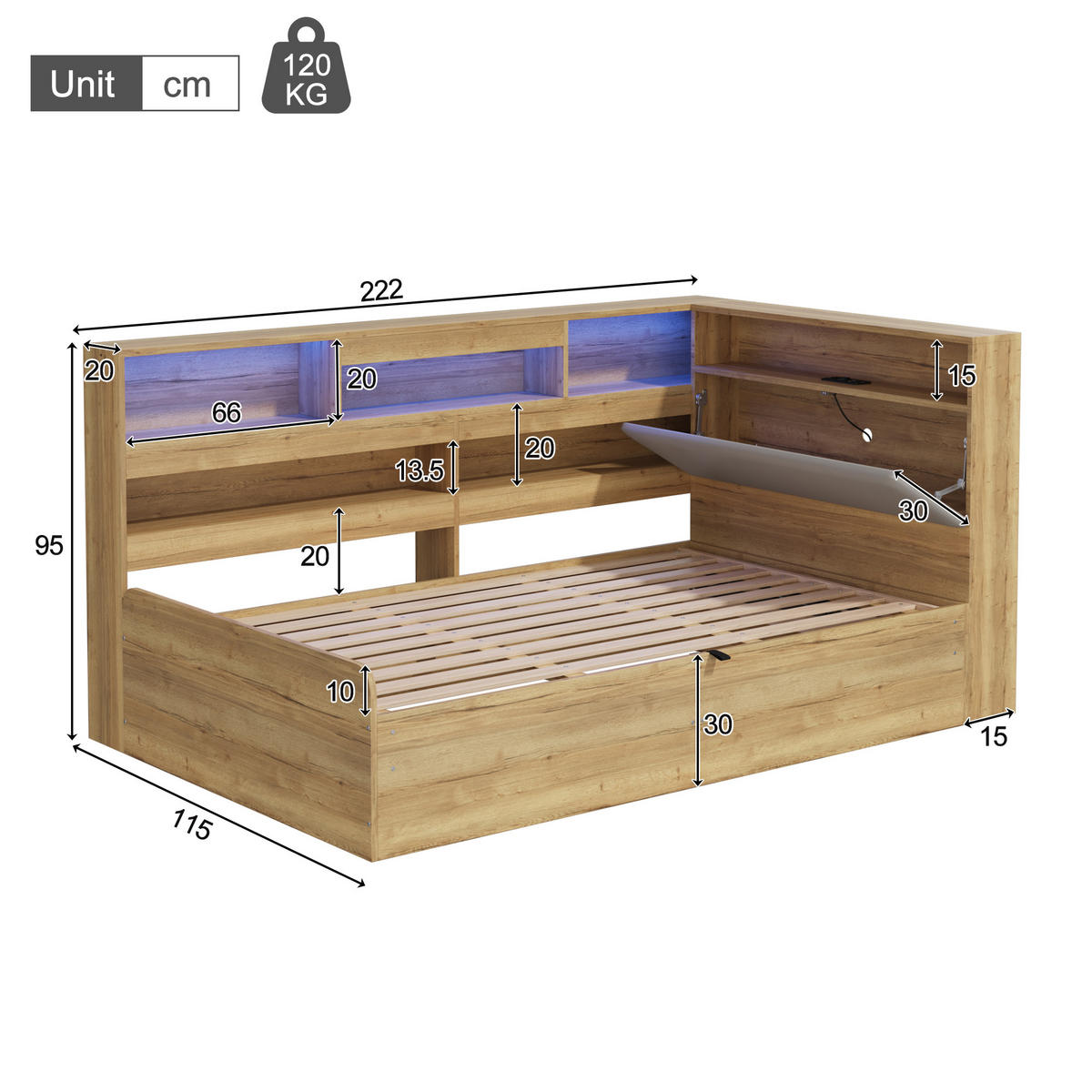 DAYBETT Natur 90x200 LED USB Hydraulik Stauraum Holz - Naturfarben, Holzwerkstoff (90/200cm) - FLIEKS