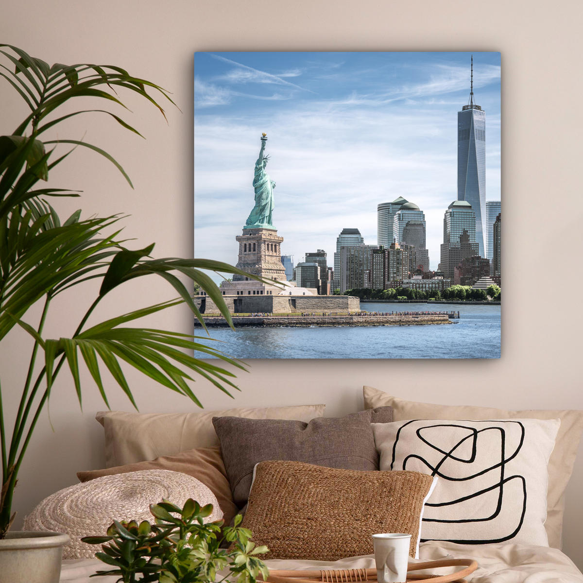 LEINWANDBILD New York - Freiheitsstatue - Wasser Deko Groß 90x90 cm - Hellblau, Textil (90/90cm) - MuchoWow