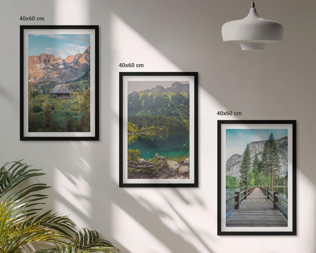 BILDER SET 3er Set - 40x60 cm Schwarzer Rahmen - Berglandschaft See Brücke - Schwarz, Kunststoff (40/60cm) - TULUP