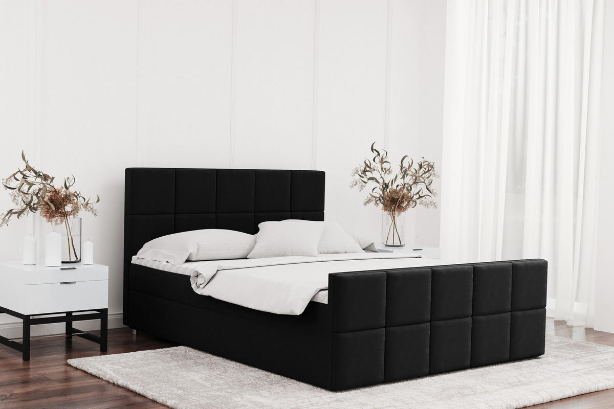BOXBETT mit Bettkasten und Matratze Topper HANA Stoff Matt Velvet Schwarz 140x200 cm H3-Bonell - Schwarz, Holz/Textil (140/200cm) - Kaiser Möbel