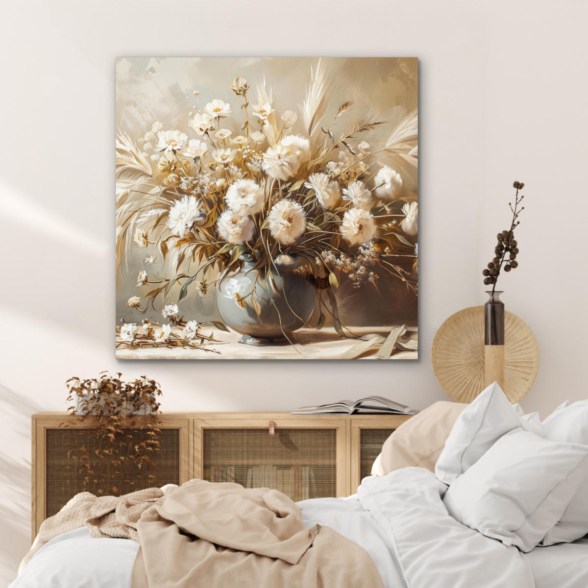 KOVOVÝ OBRAZ Kvety - Váza - Zátišie - Béžová 90x90 cm - krémová, kov (90/90cm) - MuchoWow