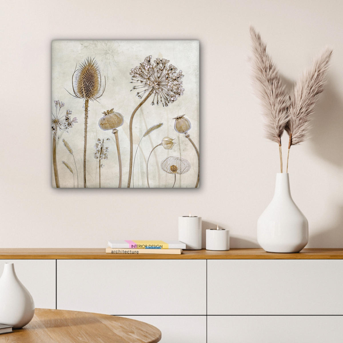 LEINWANDBILD Blumen - Aquarell - Stilleben - Braun - Vintage Wandbild Wohnzimmer 50x50 cm - Beige, Textil (50/50cm) - MuchoWow