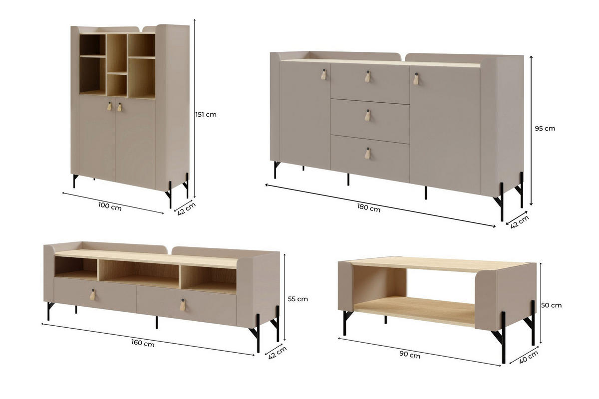 WOHNWAND SOVI A PLUS 4-teilig in Porcini / Eiche Mavelie mit Couchtisch - Greige/Eichefarben, Holzwerkstoff (440/151/82cm) - Deine Möbel 24