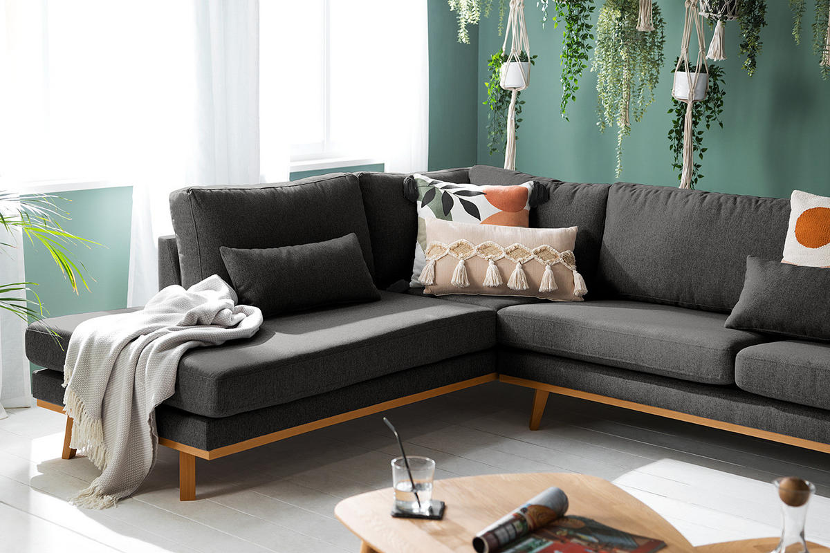 WOHNLANDSCHAFT mit Longchair - Dunkelgrau/Buchefarben, Textil (371/81/219cm) - home24