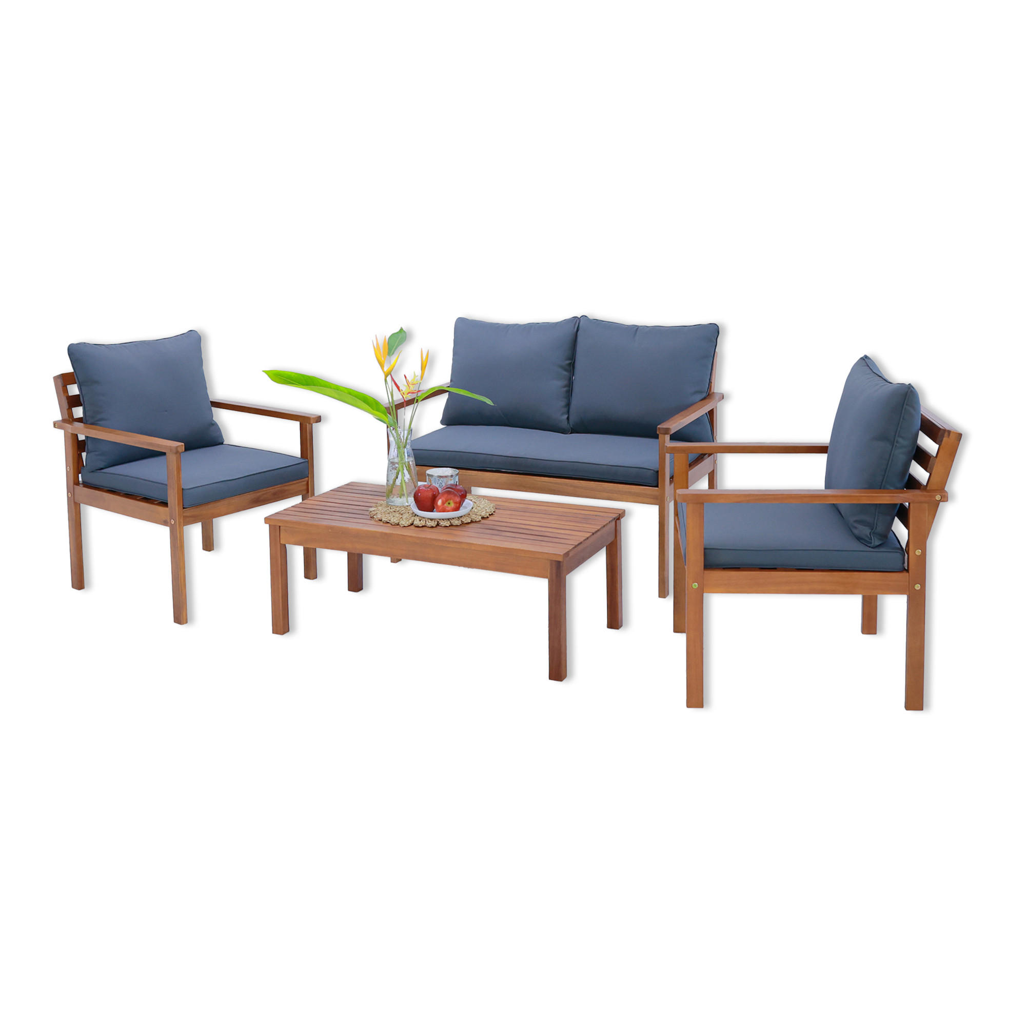 GARTENMÖBEL-SET 4 TLG. Brittoli - Grau/Akaziefarben, Holz/Textil - [en.casa]