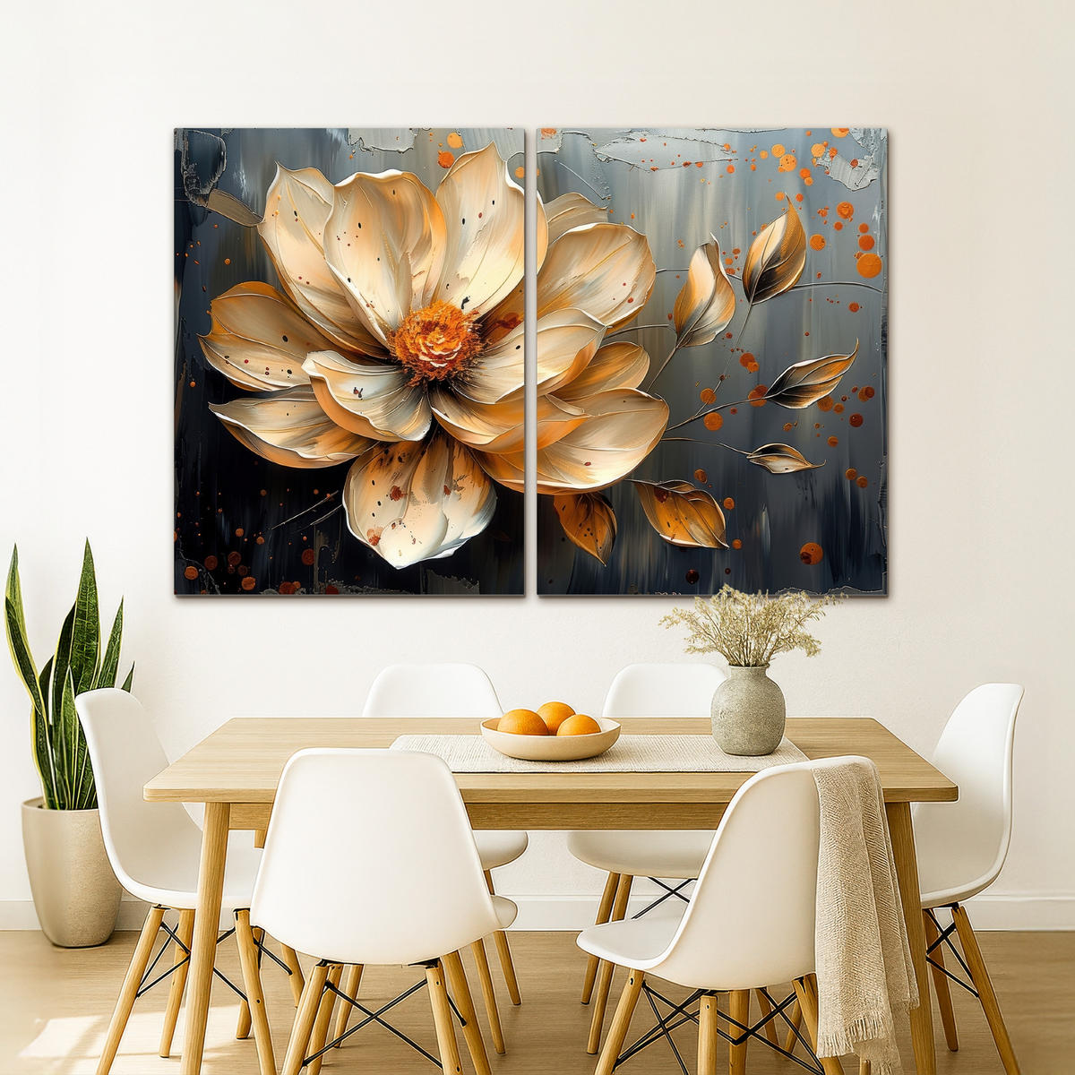 LEINWANDBILD 2er Set Blume - Gold - Abstrakt - Farbe 180x120 cm - Creme, Textil (180/120cm) - MuchoWow