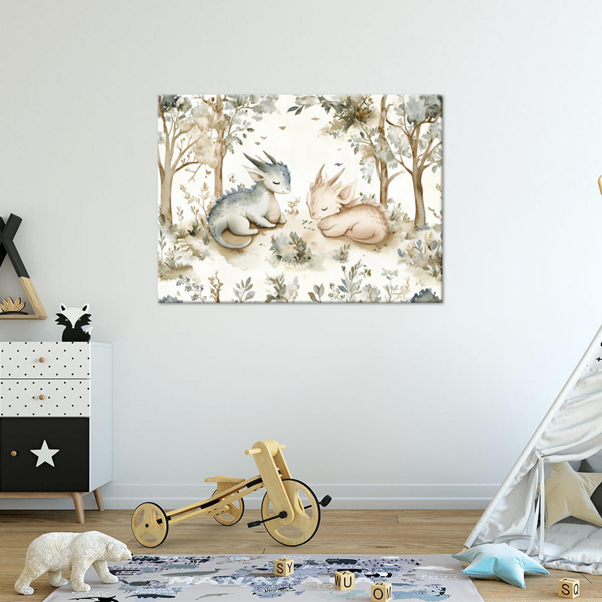 WANDBILD für kinderzimmer schlafende drachentiere im beigen wald - Beige, Textil (60/40cm) - Feeby