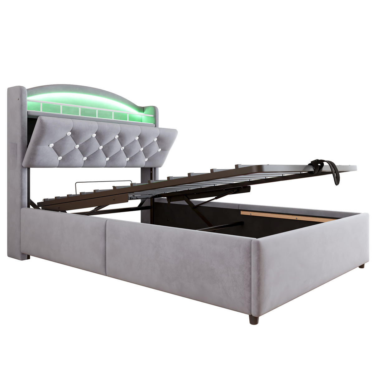 POLSTERBETT 90/200 cm grau mit Stauraum und LED-Beleuchtung - Grau, Textil (90/200cm) - OKWISH